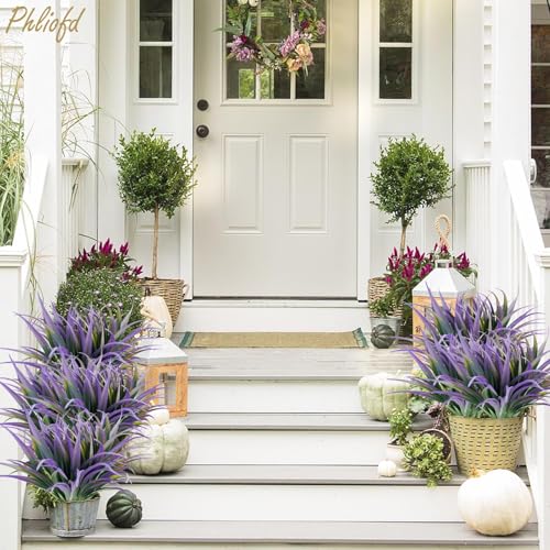 32 Pcs Artificial Grass Fake Plants 17.3in Outdoor Plants UV Resistant Faux Greenery Stems Fake Grass for Home Window Garden Office Patio Pathway Front Porch Halloween Décor Green & Purple - color: Green & Purple, size: 32 Pcs