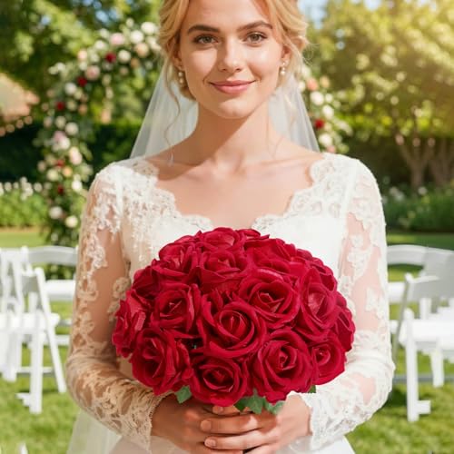 Lifewit Classic Red Artificial Roses Flowers, Faux Long Stem Silk Roses Bulky for DIY Wedding Bouquets Decoration, Centerpieces Arrangements, Velentine,12 Pcs - color: Red