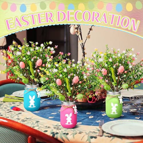 Pickmesh 3 Set Easter Bunny Mason Jars with Pastel Easter Eggs Picks with Artificial Flowers Berries Spring Tabletop Decor Centerpiece for Home Dining Table Holiday Decorations