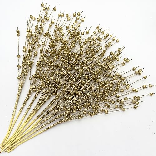 Artificial Golden Glitter Berry Stem Decorations 17 Inches, Fake Bead Sticks Picks for Halloween Christmas Ornaments Tree DIY Wreath Crafts Gift Fireplace Holiday Home Xmas Decor - Gold 10 Pack - color: Glitter Berry Sticks - Gold 10 Pack