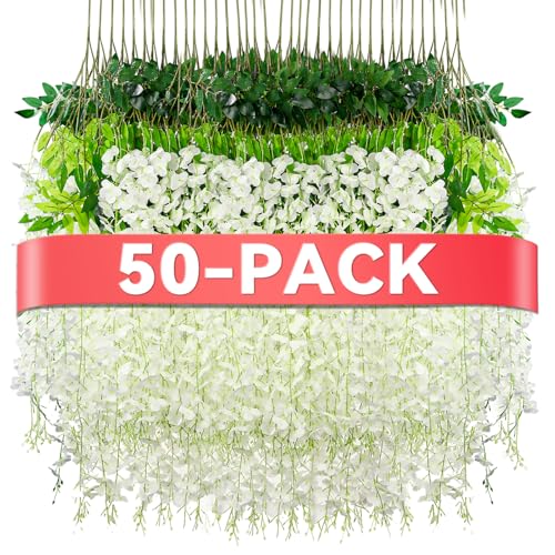 Alotiki Wisteria Hanging Flowers,Fake Hanging Flowers, Wisteria artificiales Garland for Home Wedding Arch Floral Party Garden Ceremony Outdoor Decor,3.6 feet Long(50,White) - color: White, size: 50