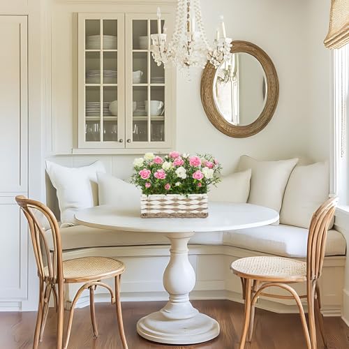 Artificial Rose Flowers with Woven Basket, Faux Roses in Fake Rattan Planter for Table Centerpiece, Romantic Floral Arrangement for Home Bedroom Spring Wedding Sweet Decor, Cream White & Soft Pink - color: Cream White & Soft Pink