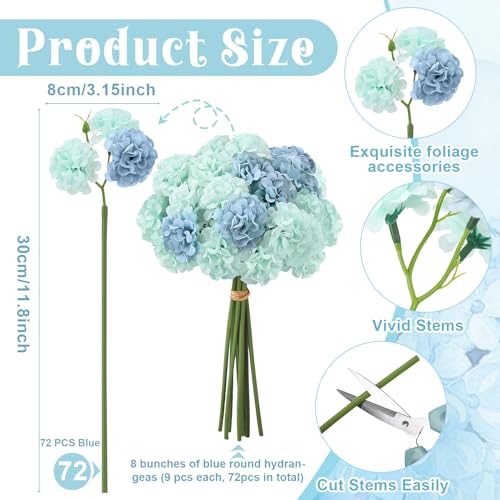 72 Pcs Blue Green Hydrangea Artificial Flowers, Round Floral Bouquet for Home Decor, Wedding, Party, and Seasonal Decoration, Realistic Fake Flowers for Centerpieces Aisle Table Arrangements - color: Blue