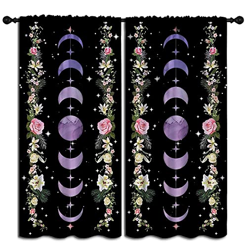 Purple Boho Floral Wildflower Rod Pocket Blackout Curtains for Teen Bedroom,Moon Phase Moonlit Garden Witchy Gothic Aesthetic Thermal Insulated Home Window Drapes for Living Room Darkening,42x45in - color: Purple Boho Floral Wildflower-008, size: 42"W x 4
