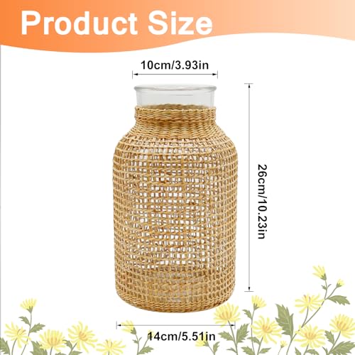 MDEOOSKY Straw Woven Glass Vase 10.23''X3.93''X5.51''Boho Glass Flower Vase Country Rustic Style Vase Glass Vase for Floral Arrangements Bottle Height (B Style 10.23IN) - size: 10.25IN