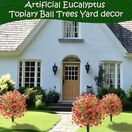 23" Set of 2 Spring Artificial Boxwood Topiary Ball Tree with Spikes,UV Resistant Fake Outdoor shrubs with Violet Flowers, Realistic Faux Plants Bushes for Garden Front Porch Yard Patio (Red)