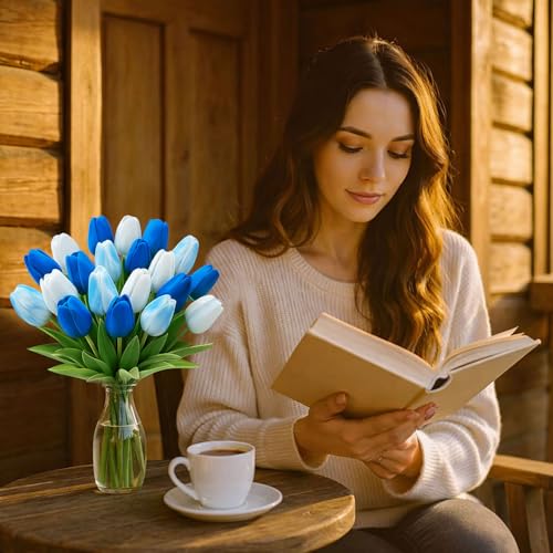 20 Pcs Tulips Artificial Flowers, 13.5'' Real Touch PU Fake Flowers Bouquet for Home Party, Spring Wedding Floral Arrangement, Valentine's, Easter and Mother's Day Decor (White,Blue) - color: White,blue