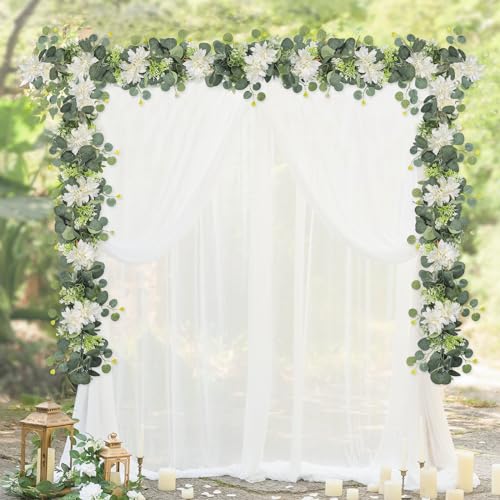 Dremisland Artificial Flowers Garlands 4 Pack 24Ft Eucalyptus Garlands with Flowers Dahlia Flower Vines Hanging Floral Garland for Wedding Arch Bedroom Home Wall Backdrop Room Decor - size: 4PCS