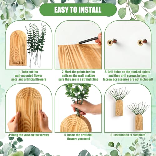 2 Pack 15" Wooden Wall Vase with 20 Pcs Artificial Eucalyptus Leaves Stems Planter, Boho Modern Farmhouse Bathroom Hanging Planter for Wedding, Hallway, Bedroom, Living Room - style: Modern