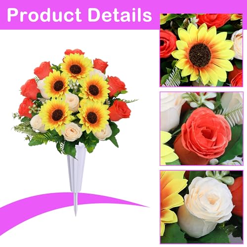 Lodou Artificial Cemetery Flowers for Grave,Set of 2 Artificial Rose Sunflower Bouquet Graveyard Memorial Flowers for Outdoor Grave Decorations ﻿ (Orange Beige) - color: Orange Beige