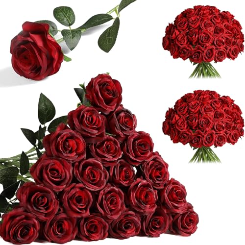 Nubry 24pcs Artificial Burgundy Roses, Fake Silk Roses Flower with Long Stems, Realistic Flowers for Bridal Wedding Party Table Centerpiece Home Decor - color: Burgundy
