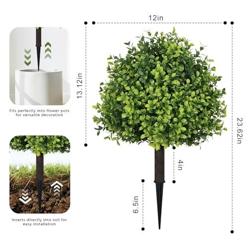THE BLOOM TIMES Artificial Outdoor Plants, UV Resistant Fake Bushes & Shrubs with Ground Spike, Faux Boxwood Topiary for Front Porch Outside Planter Decor, Set of 2, Overall 24" - color: Boxwood