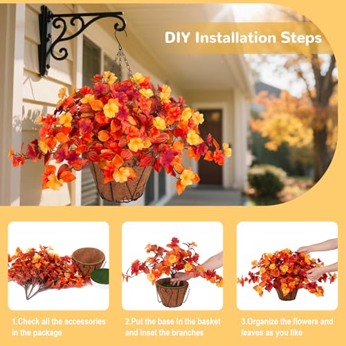Hanging Artificial Fall Flowers Basket for Outdoors Outside 3PCS Fake Plants Faux Orange Fall Flowers for Outdoors Planters UV Resistant Silk Flowers for Home Porch Patio Garden Autumn Decoration - color: Y4-orange Red Yellow+basket