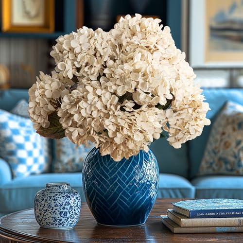 Artificial Flower Fake Silk Hydrangea Heads Bouquet with Stems Bulk for Fall Decoration Table Center Christmas Indoor Outdoor Faux Floral Realistic with Leaves Plants Crafts 8PCS(White) - color: White