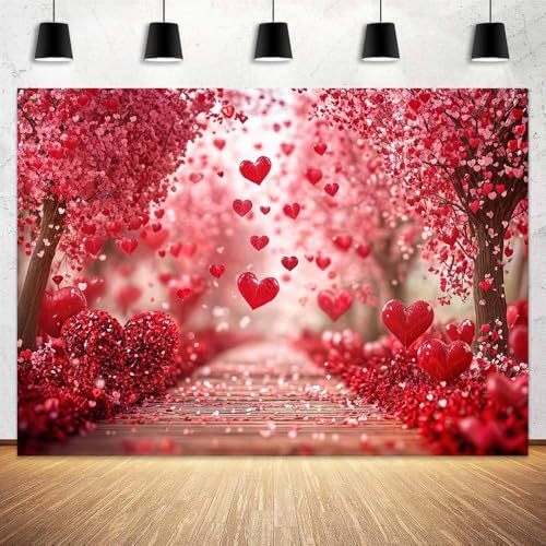 Valentine's Day Backdrop, Pink Red Hearts Petals Pathway Romantic Photography Background for Girls Women Birthday Weeding Bridal Shower Party Decorations Banner Photo Studio Props 5X3FT - color: Pink and Red, size: 5X3FT