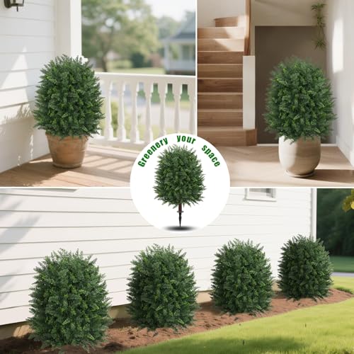 Yangrass Artificial Set of 2 Cedar Topiary Ball Trees 27" for Outdoors with Ground Spike, UV Resistant Faux Cypress Plants, Evergreen Shrubs Bushes for Front Porch Garden Backyard Decor - color: Large Size Cedar