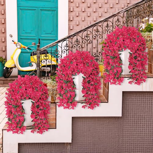 2PCS Faux Bougainvillea UV Resistant Artificial Flowers Plants for Outdoors Faux Hanging Bougainvillea Flowers Outside Decoration Fake Silk Long Trailing Vines for Front Door Porch Patio (Rose red) - color: Rose Red