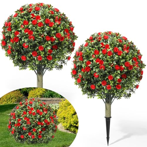 Lunmon 2 Pack 24" Artificial Topiary Ball Plants Trees with Flowers, Outdoor Fake Topiary Plants with Ground Spike, UV Resistant Faux Bushes for Indoor Outdoor Front Door Decor(Red,Rose) - color: Red, style: Rose