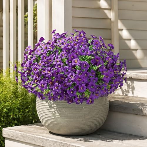 Artificial Flowers for Outdoors Decoration, 20 Bundles Purple Faux Morning Glory with Eucalyptus Look Real UV Resistant Fake Plants Silk Flowers for Outside Yard Gardens Porch Patio Planter Home Urn - color: Purple
