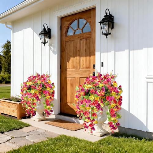 2PCS Fall Artificial Hibiscus Silk Flowers for Outdoors Planter, Fake Hanging Flowers Plants, Long Trailing Vines for Home Patio Garden Balcony Yard Decor UV Resistant - color: Green,fuchsia,yellow,purple