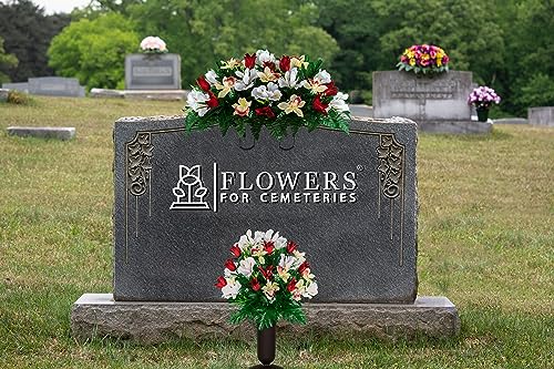 Sympathy Silks Artificial Cemetery Flowers - Grave Decoration - Red Tulips and White Iris (1) Headstone Saddle (1) Bouquet (1) Vase - color: Red/White, size: (1) Saddle (1) Bouquet (1) Vase