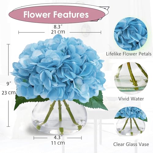Big Petals Hydrangea Artificial Flowers in Vase, Blue Silk Fake Flowers Silk Centerpiece Table Decorations for Dining Room,Coffee Table Decor,Wedding, Home with Faux Water decorr (Sea Blue) - color: Sea Blue
