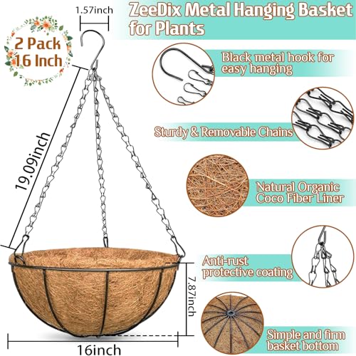 ZeeDix 2 Pack 16 Inch Large Hanging Baskets for Plants Outdoor with Coconut Liners Replacement, Hanging planters Baskets with Natural Coco Liner for Outdoor Indoor Planters Flowers Vegetables - color: 2 Pack, size: 16 Inch