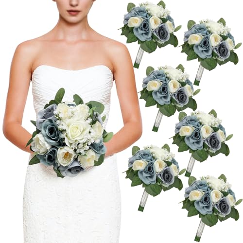 Set of 6 Dusty Blue & White Artificial Bridesmaid Bouquets, 11 Inch Round Wedding Bouquets for Bridesmaids & Decorations - color: Dusty Blue & White, size: Set of 6 Bouquets