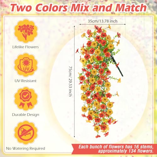 Suncalla 4 Pcs 30In Artificial Hanging Flowers for Outdoor Planter 156 Branches Trailing Faux Potted Plant Fake Floral UV & Fading Resistant for Wedding Patio Spring Summer Decor(Yellow,Orange) - color: Yellow,orange