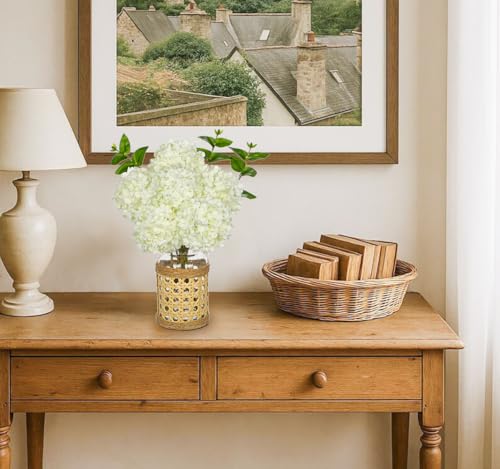 Hollyone White Hydrangea Artificial Flowers in Woven Glass Vase with Faux Water Silk Hydrangeas Fake Flowers Floral Arrangement for Home Indoor Bathroom Kitchen Office Table Centerpiece Shelf Decor - color: White-woven Vase