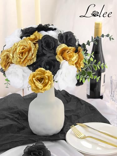 108pcs Roses Head Flowers with Stem - Black Gold White Graduation Artificial Flowers Rose Bulk - Silk Rose Fake Flower for Birthday Wedding Baby Shower Centerpieces Gold Theme Grad Party Tables Decor - color: White-black-gold