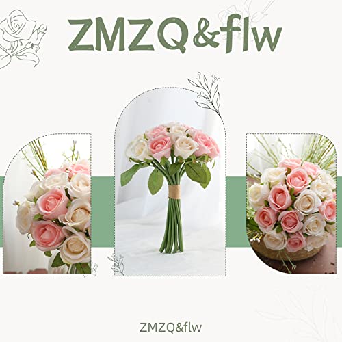 ZMZQ&flw 36PCS Roses Artificial Flowers Pink&Cream, Silk Flowers with Stems Fake Flowers Bouquet for Outdoor Bridal Wedding - color: Pink&white 36pcs