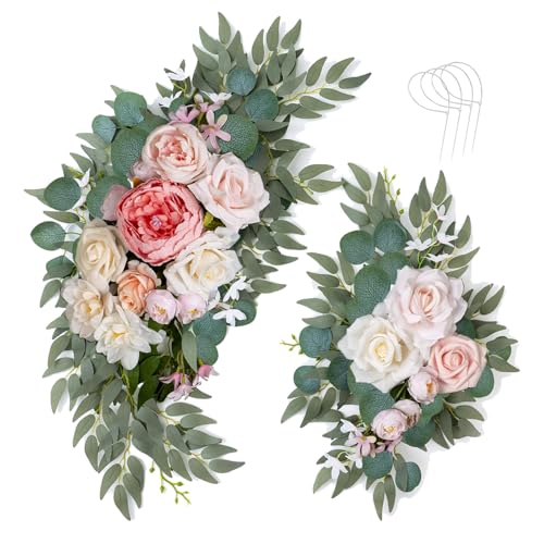 AitnWoy Artificial Wedding Arch Flowers Kit 2 PCS Dust Rose Flowers Silk Peony Floral Swag Welcome Sign for Wedding Ceremony Party Home Garland Decor - color: Pink, size: 28" + 11"