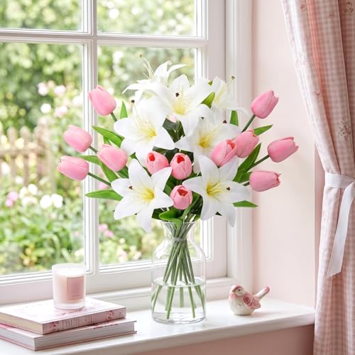 Giegxin 18 Pcs Artificial White Lilies with Pink Tulips, Latex Fake Tiger Lily Bouquet for Spring Home Church Wedding Decorations, Faux Tulips Floral Arrangement - color: White, Pink, style: Lily, Tulips
