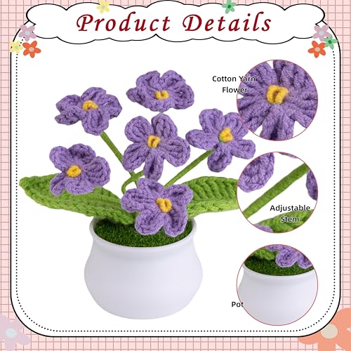 LAIDANLA Purple Crochet Flowers Forget Me Not, Small Handmade Flower Potted Plants for Desk, Anniversary Graduation Appreciation Birthday Gifts for Women Mom Teacher Coworker Friend - color: Purple