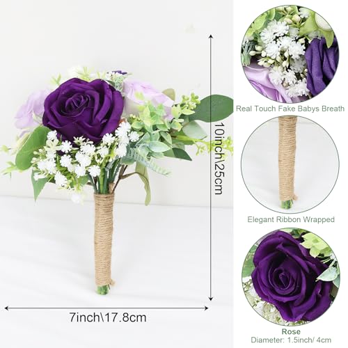 Purple Bridesmaids Bouquets Set of 6 - 7 Inch Artificial Flowers Bridesmaid Bouquet for Wedding Pre-Made Rustic Rose Small Floral Bouquets for Bridal Shower Marriage Proposal Party Anniversary Decor - color: Purple, size: 6pcs