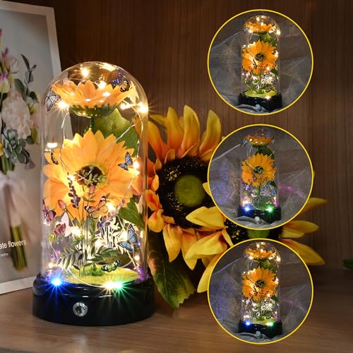 TECHSHARE Artificial Sunflower Gifts for Women, Yellow Artificial Sunflowers with LED Light in Glass Dome, Cute Sunflower for Christmas, Birthday, Mother's Day, Valentine's Day
