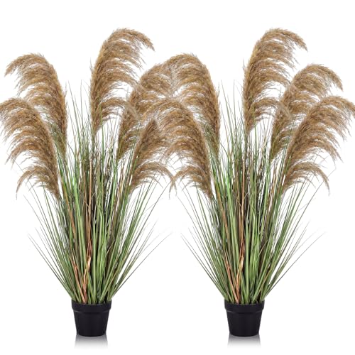 Jexine 2 Pcs Pampas Grass Potted Plants 4 ft Tall Artificial Grass Potted Artificial Greenery Floor Plants Tall in Pot for Housewarming Gift House Garden Bathroom Lobby Outdoor Decoration (Fall) - color: Fall, size: 4 ft