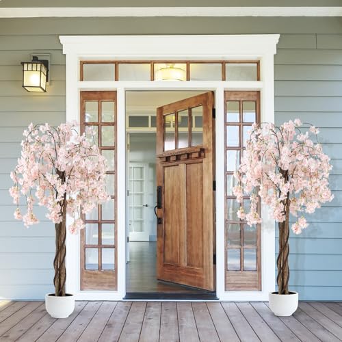 Goplus 5.5FT Artificial Cherry Blossom Tree, Fake Flower Tree, Faux Floral Plant Blooming Tree in Nursery Pot with White Flowers, Tall Potted Artificial Tree for Indoor Home Office Porch Decoration - color: White, size: 1 Pack