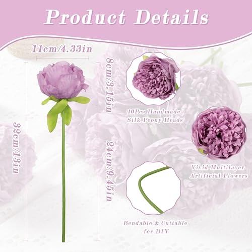 SITUMEIZI 10PCS Artificial Peony Flowers, Real Touch Fake Silk Bouquet with Stems for Home Mothers Day Wedding Party Centerpieces Table Decoration Indoor(Purple) - color: Purple