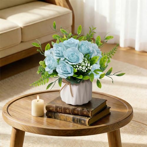 Blue Artificial Silk Roses with Ceramic Vase, No Maintenance Faux Flower Arrangement, 6.3 Inch Realistic Table Decor for Home Office Wedding - color: Blue