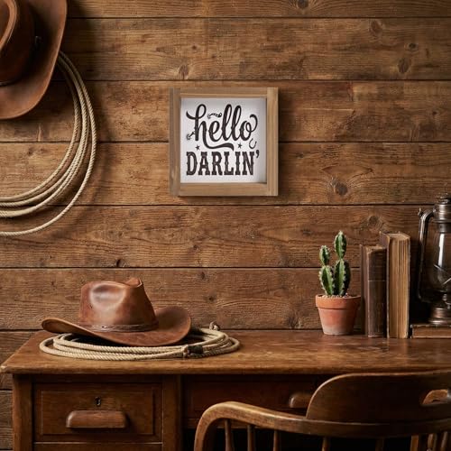 flangairy Western Wall Decor Hello Darlin Wooden Sign, 6 Inch Cowboy Southwest Wall Art, Rustic Wood Plaque for Table Desk Shelf Bathroom Bedroom Southwestern Farmhouse Home Decorations - color: hello darllin