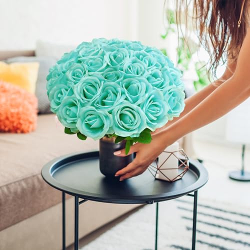 72 Pcs Artificial Roses Turquoise Fake Silk Roses Realistic Roses Faux Flower Indoor Wedding Home Decor, Birthday Decorations - color: Turquoise