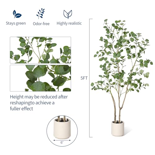 GarveeHome 5ft Artificial Eucalyptus Tree, Tall Faux Eucalyptus Plant with Silver Dollar Leaves, Indoor Fake Tree in Black Plastic Pot for Home, Office, Living Room, Modern Decor - size: 5ft