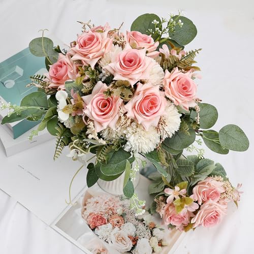 White Pink Artificial Mum Flowers 12 Bundles Silk Chrysanthemum Flowers Fake Roses with Eucalyptus, Realistic Faux Peonies for Vase Arrangement, Home Decor, Wedding Table Centerpiece - color: White Pink