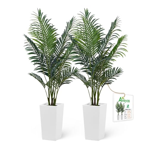 Aveyas 5ft Artificial Palm Tree for Home Decor,5 Feet Faux Plant Fake Silk Tropical Kentia Areca Trees for Indoor Outdoor House Living Room Office Porch Garden(5 ft Tall with Raised Pot)-Set of 2 Pack - color: Palm Tree - 2 Pack (5ft)