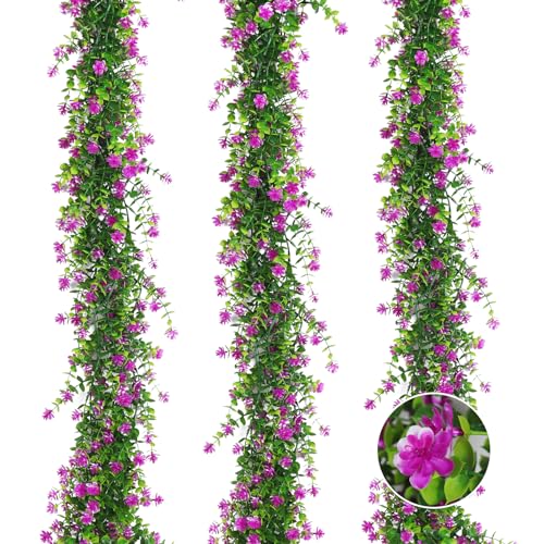RECUTMS Hanging Garland Plants Artificial Flowers Fake Eucalyptus Greenery Garlands Leaf Garland with Flowers Hanging Faux Vine Plants for Spring Wedding Arch Backdrop Wall Decor 3 Pcs (Fuchsia) - color: Fuchsia
