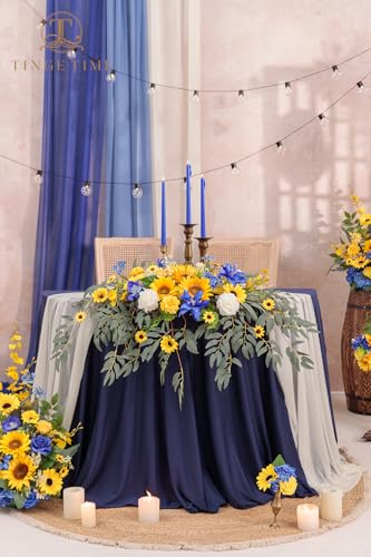 TINGE TIME Artificial Sweetheart Flower Swag with Tablecloth and Table Runner, Pack of 3 Floral Arrangement for Wedding Sweetheart Table Centerpiece Decoration Valentine's Day (Sunflower&RoyalBlue) - color: Sunflower & Royal Blue