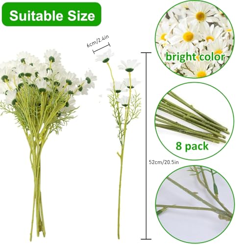 Artificial Flowers 8 Bundles 20” White Artificial Daisy Flowers UV Resistant Outdoor Fake Wildflowers with Stems Faux Greenery Shrubs Plants Arrangements for Home Garden Vase Decor