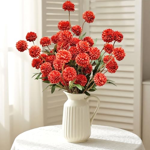 Kinisty 8 Pcs Artificial Flowers Red Faux Silk Pompon Mums, 20" Long Stem Fake Chrysanthemum Bouquet for Vase Farmhouse Home Decor, Wedding Centerpiece - color: Dark Red